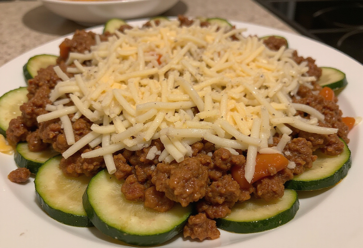 Layering ground beef and zucchini for a savory gratin de boeuf haché et courgettes.