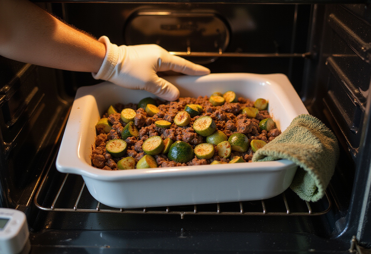Placing a gratin de boeuf haché et courgettes into the oven for baking.
