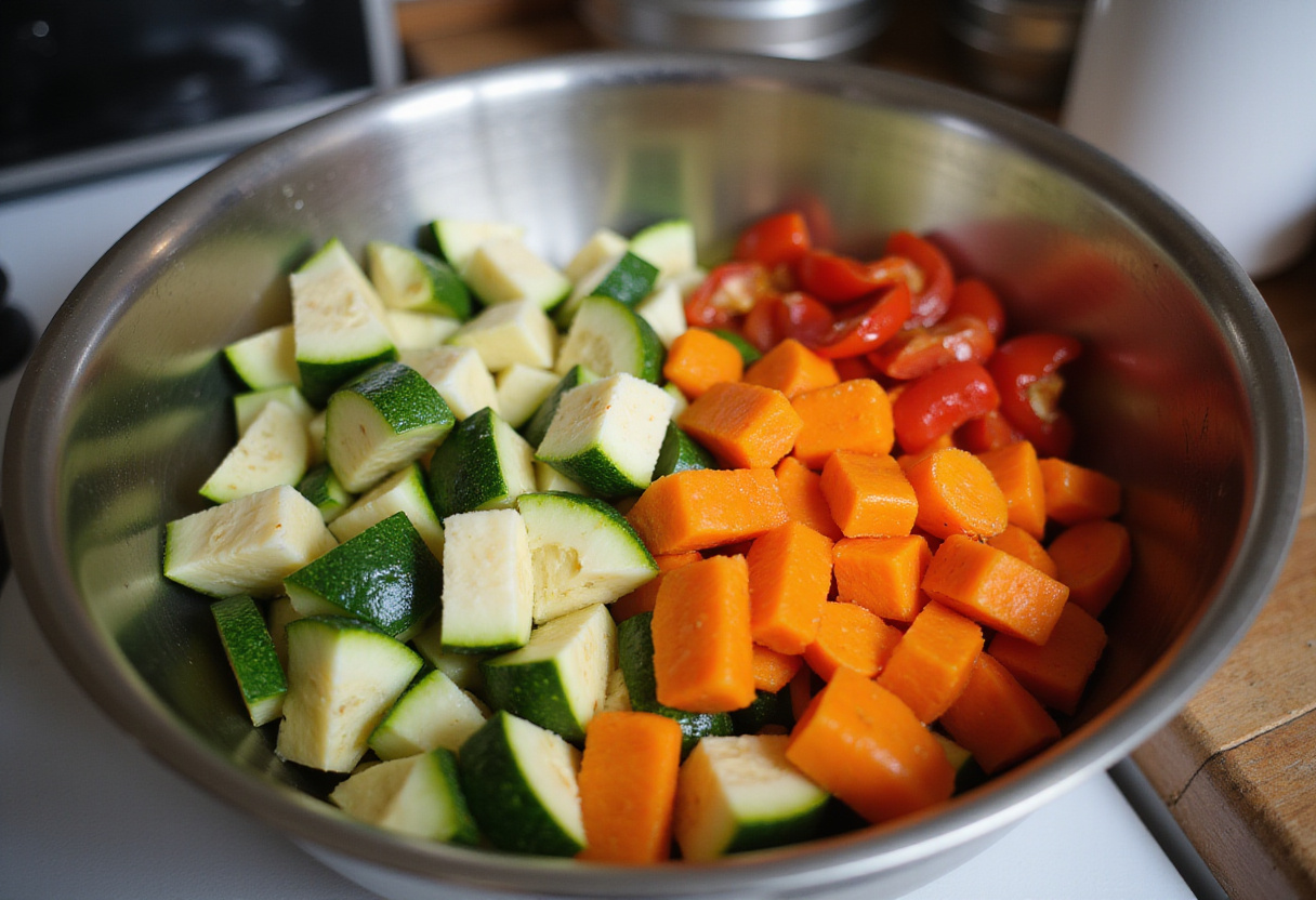 Assortment of chopped vegetables for gratin de légumes, a healthy vegetable dish rich in protein.