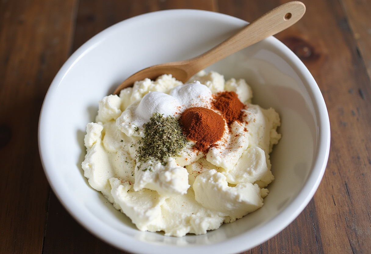 Mixing cottage cheese with herbs for a protein-rich gratin de légumes recipe.