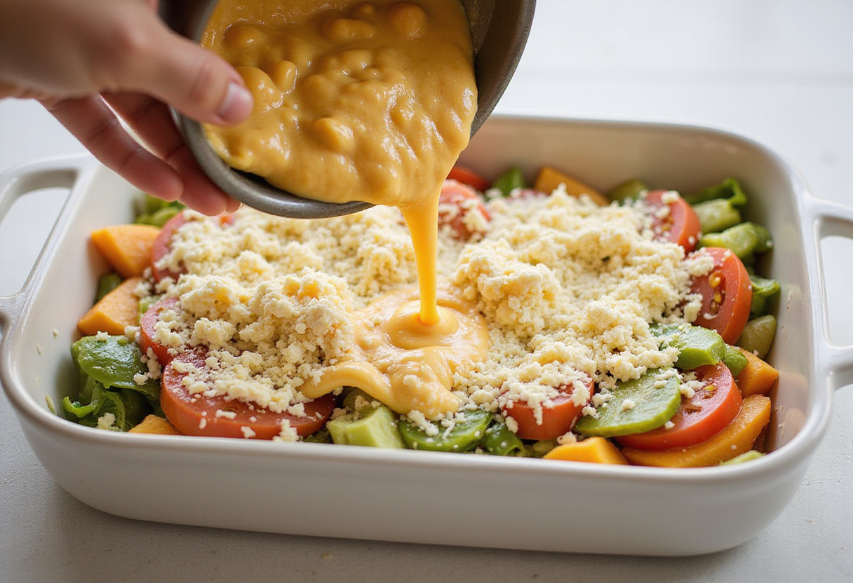 Layering vegetables and cottage cheese in a baking dish for a delicious gratin protéiné.