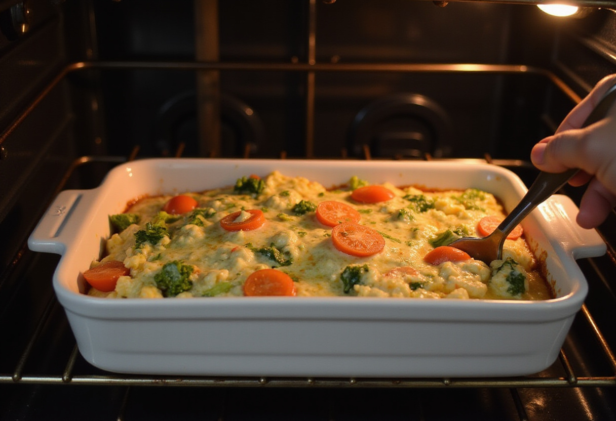 Baking dish of gratin de légumes being placed into the oven for baking.