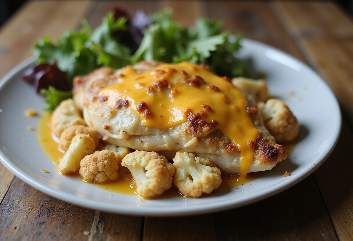 Gratin de poulet et riz au chou-fleur, plat savoureux et réconfortant pour un repas.