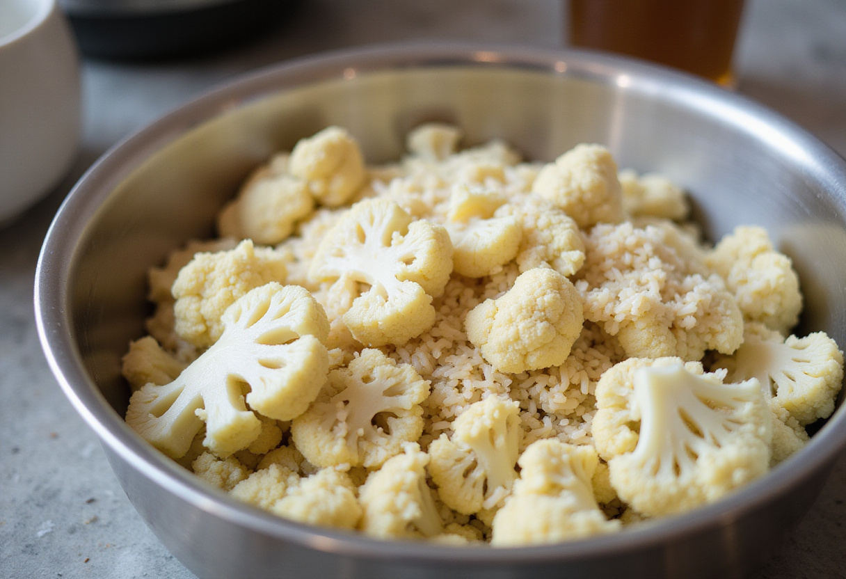 Mélange de riz cuit et de fleurs de chou-fleur pour le gratin de poulet.