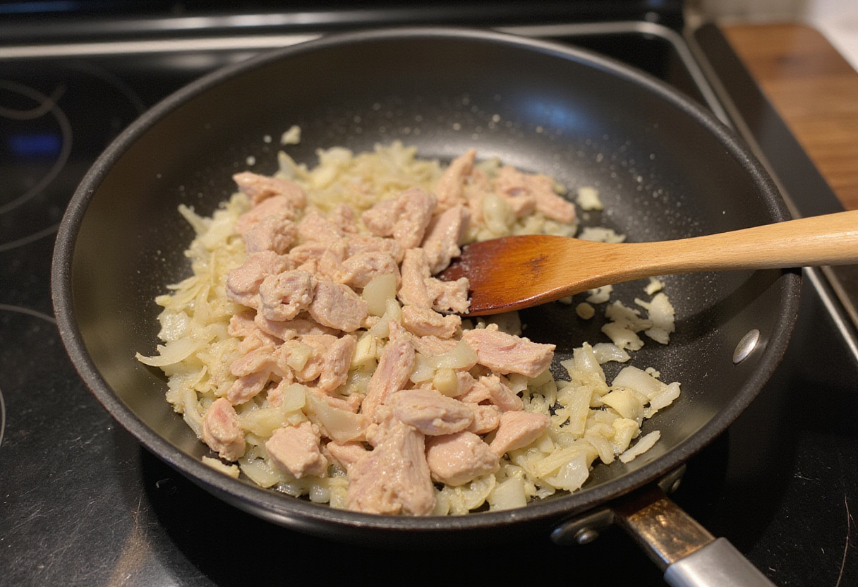 Poulet effiloché et légumes sautés pour le gratin au chou-fleur.