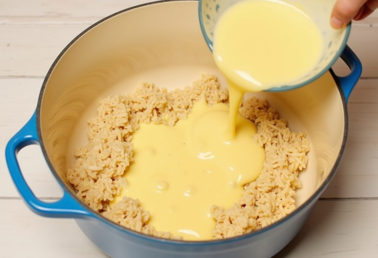 Sauce crémeuse ajoutée au mélange de riz et de poulet pour le plat de gratin.