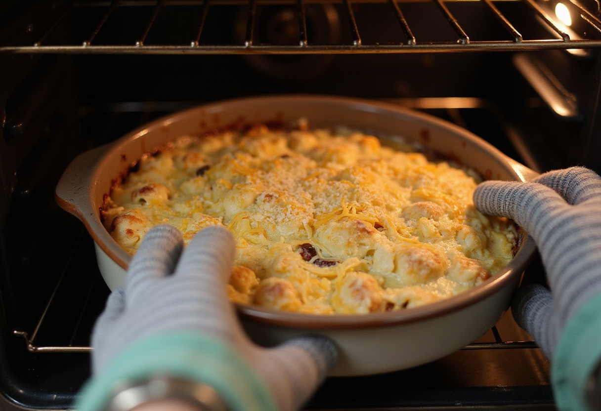 Mélange de gratin de poulet et de riz au chou-fleur prêt à être cuit au four.