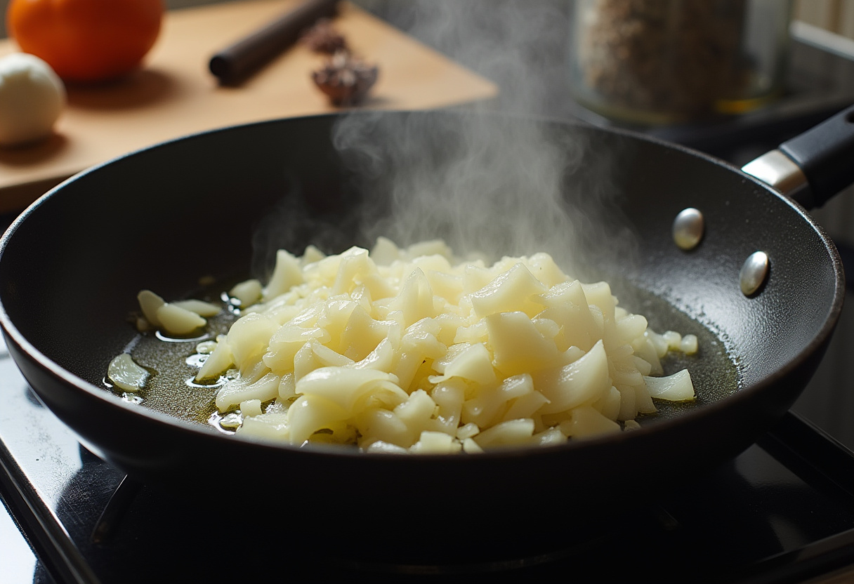 Sautéing onions and garlic for a recette facile of foie de poulet in a skillet.