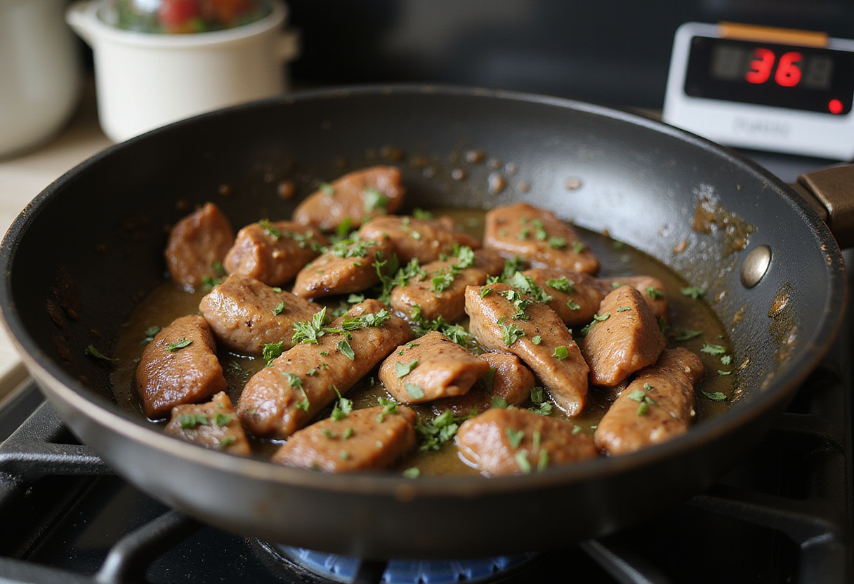 Cooking the chicken liver mixture in a skillet for a recette facile.