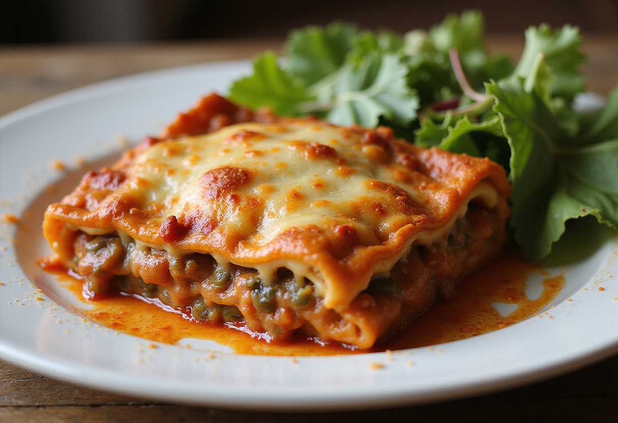 Finished lasagne de courgettes, champignons et jambon ready to serve.