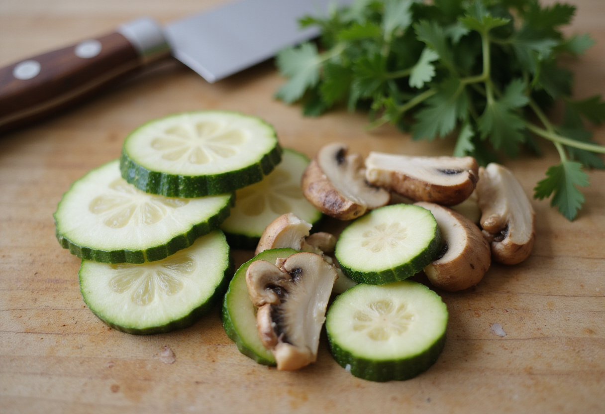 Sliced zucchini and mushrooms prepared for recette de lasagne.