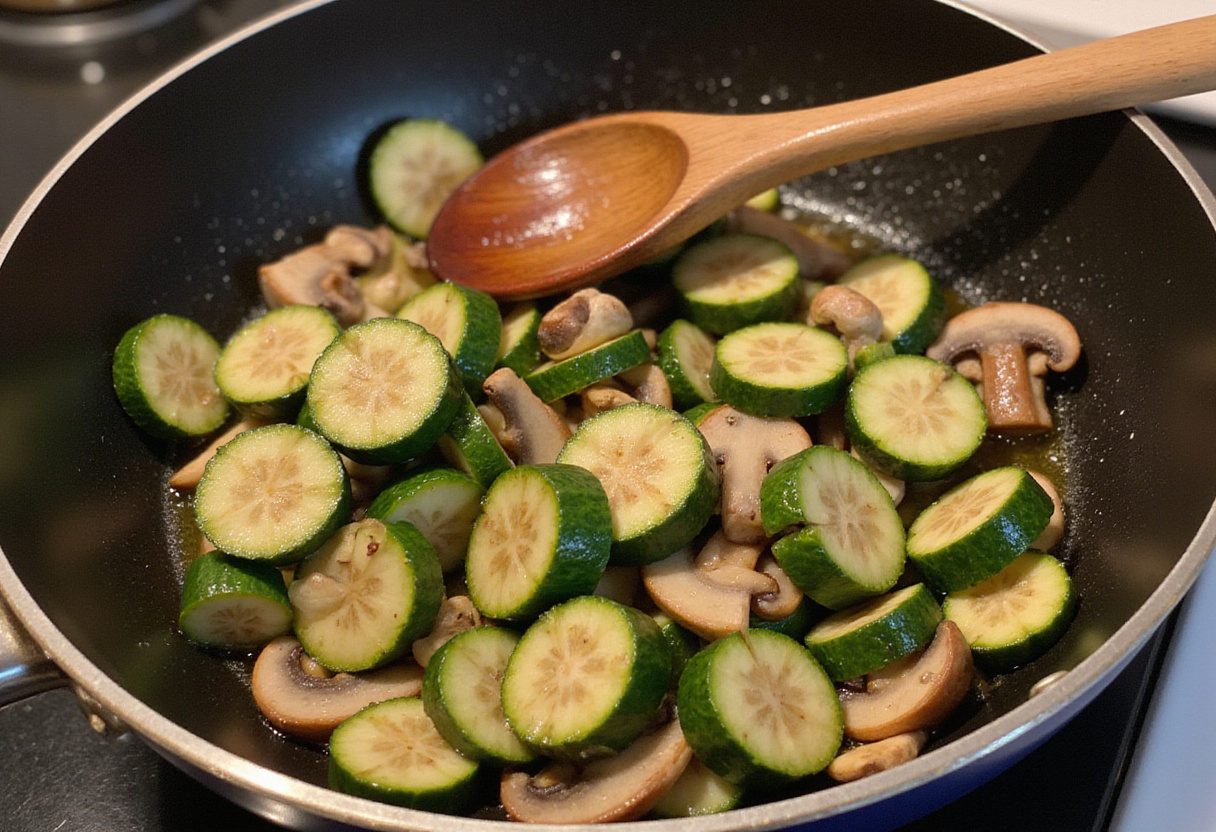 Sautéed zucchini and mushrooms in a skillet for lasagne de courgettes aux champignons.