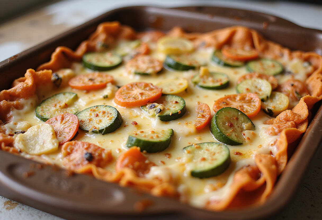 Layering ingredients for lasagne jambon with zucchini and mushrooms.