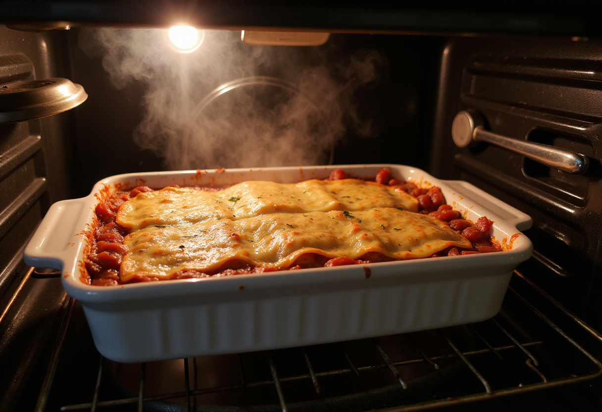 Assembled lasagne de courgettes being put in the oven to bake.
