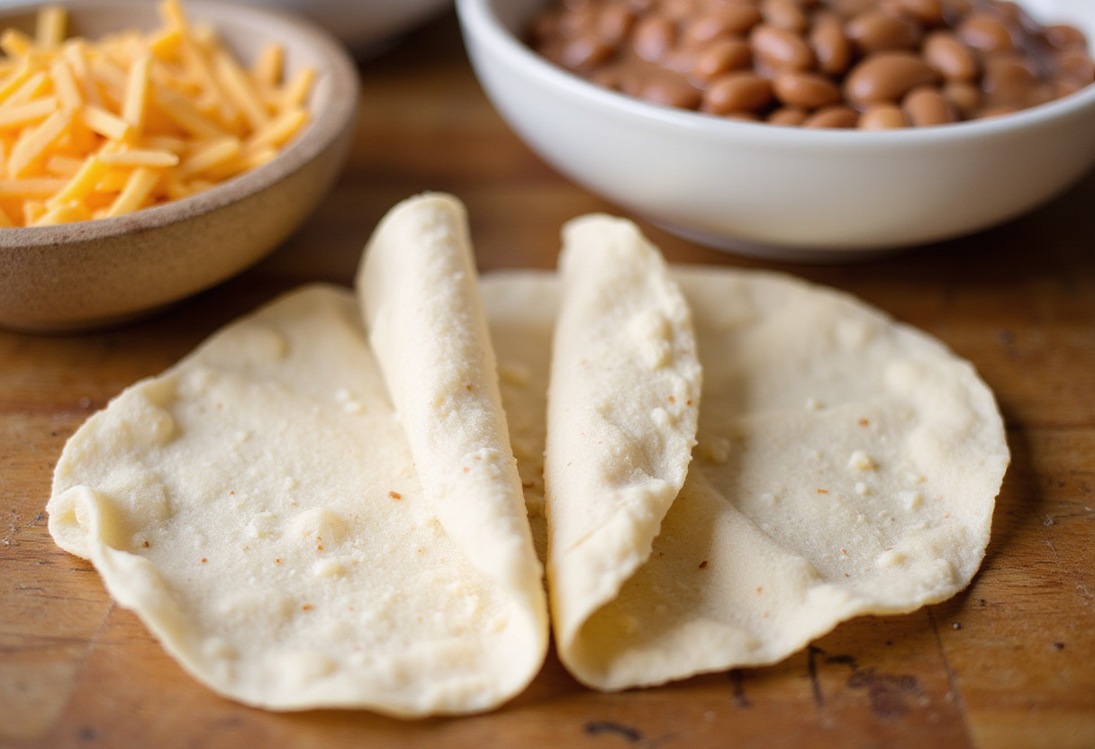 Tortillas et ingrédients préparés pour l'assemblage de la recette molletes mexicains.