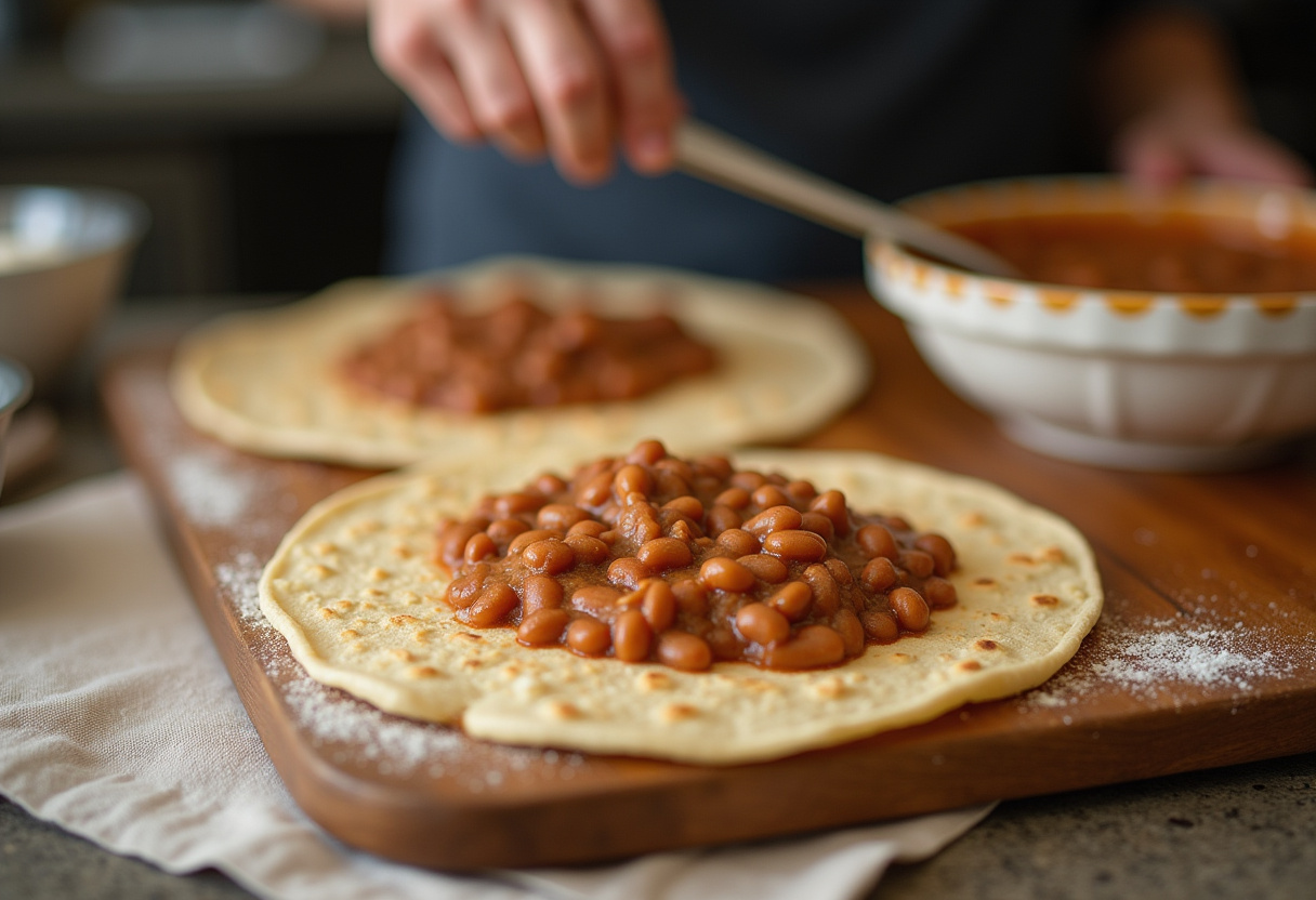 Haricots frits étalés sur les tortillas pour les molletes, un plat traditionnel mexicain.
