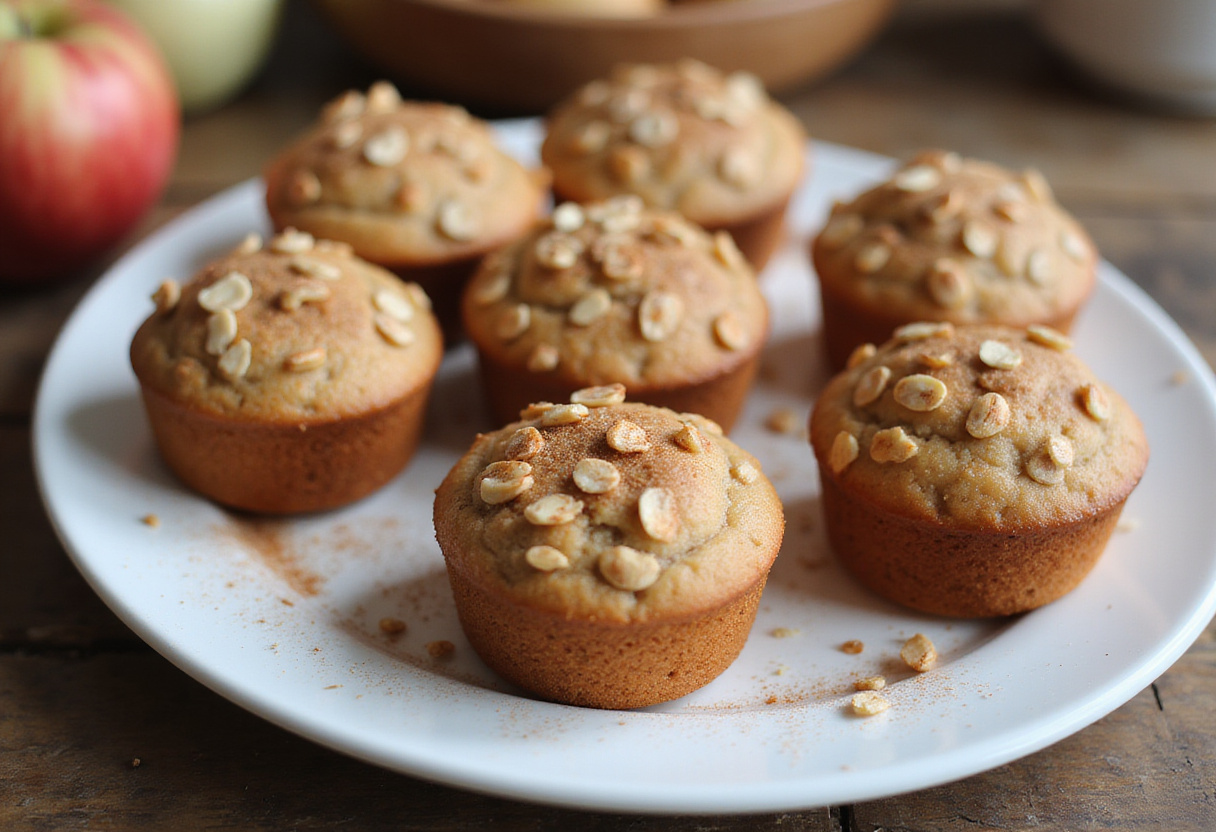 Muffins aux pommes, cannelle et avoine sans blé finis, prêts à être dégustés au petit-déjeuner ou en collation.