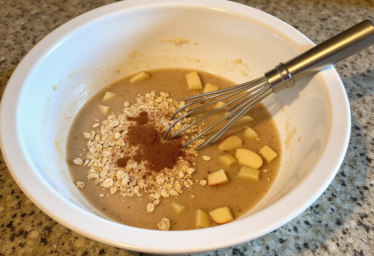 Pâte à muffins santé mélangée avec des pommes et des épices pour la préparation de muffins sans blé.