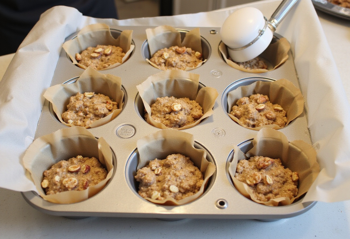 Remplissage du moule à muffins avec le mélange de muffins aux pommes pour un dessert ou une collation délicieuse.