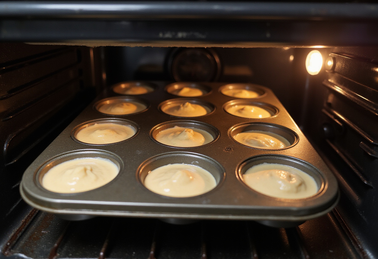 Placement d'un plateau de muffins sans gluten dans le four pour la cuisson afin de créer des muffins moelleux parfaits.
