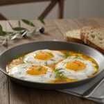 Finished Turkish Eggs with Greek yogurt, an inviting dish for enjoying recette œufs turcs.