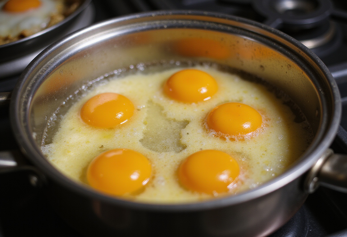 Eau frémissante avec des œufs entiers pour préparer la recette œufs turcs.