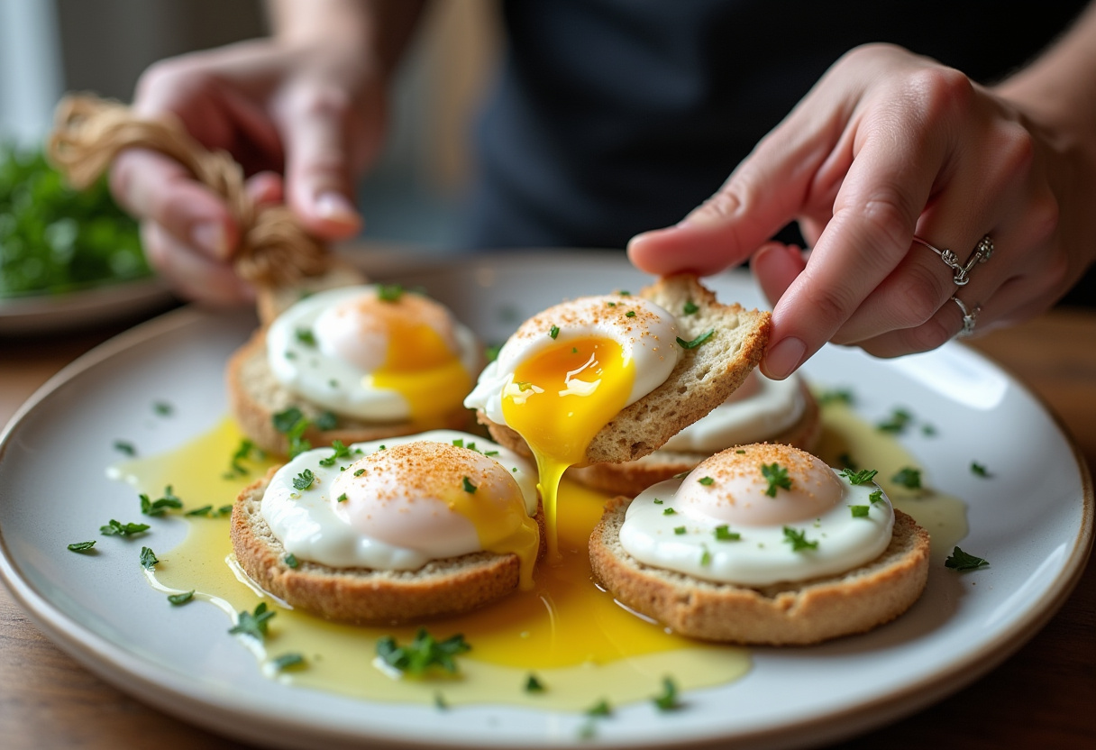 Œufs pochés prêts à être servis pour la recette œufs au yaourt.