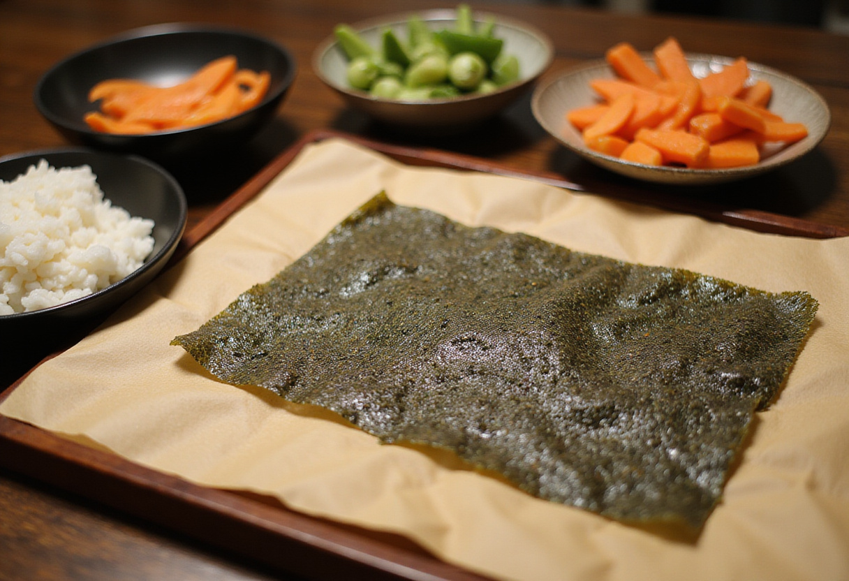 Ingrédients pour l'onigirazu disposés sur un tapis de sushi pour la préparation de la recette onigirazu.