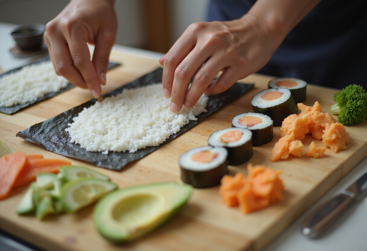 Riz à sushi étalé sur du nori pour une préparation facile de sandwich de sushi onigirazu.