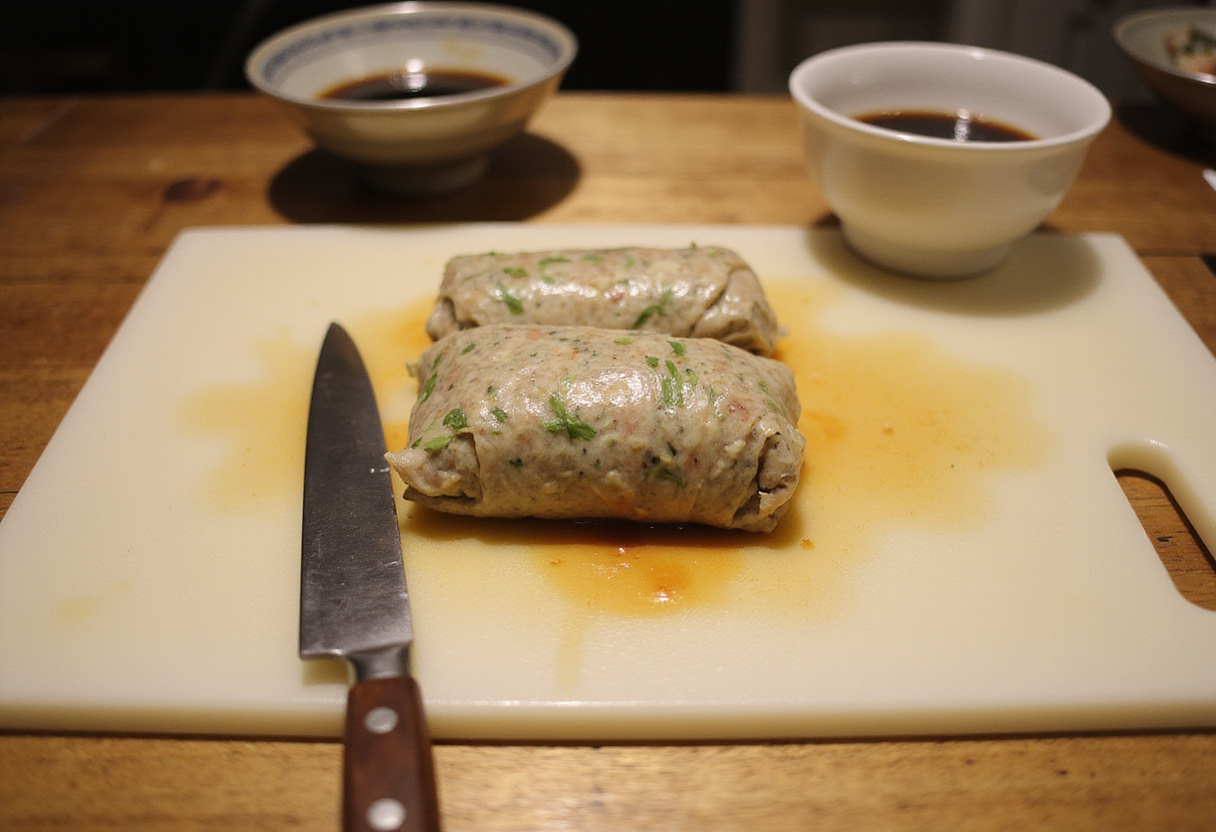 Onigirazu prêt à être tranché, présentant un sandwich de sushi prêt à être dégusté.