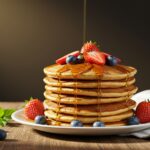Delicious stack of pancakes protéinés topped with fruits and syrup, perfect for a nutritious breakfast.