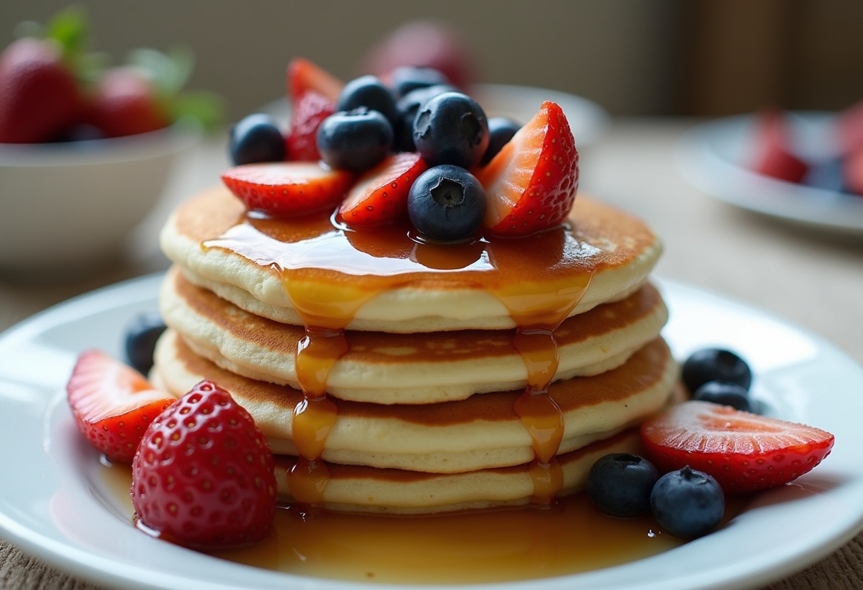Délicieuse pile de pancakes protéinés garnis de fruits et de sirop, parfait pour un petit déjeuner nutritif.