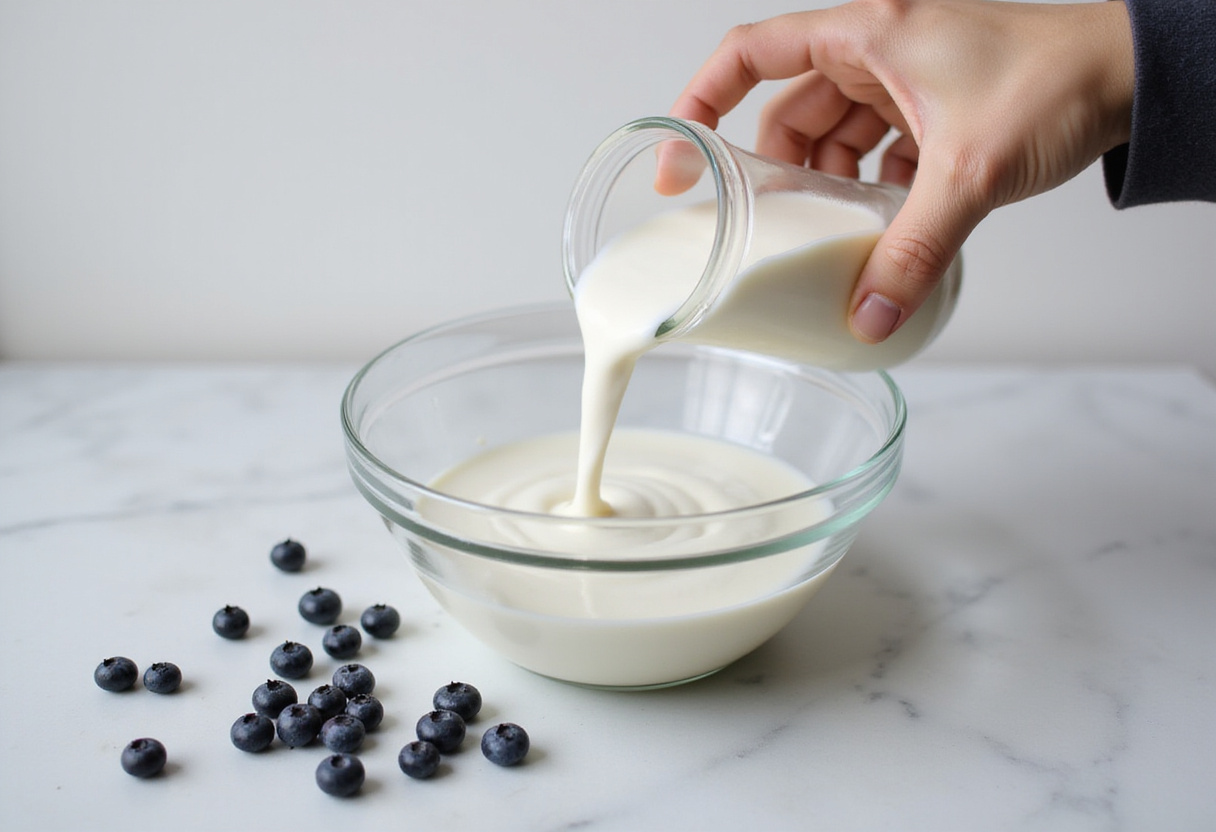 Lait d'amande ajouté au mélange pour des pancakes sains, améliorant la saveur et la texture.
