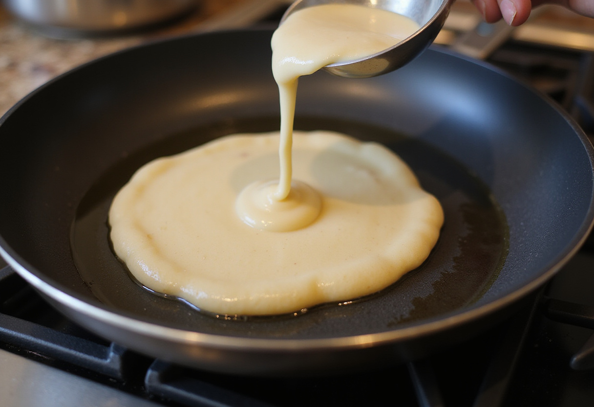 Pâte à pancake versée dans une poêle pour cuire des pancakes sains moelleux.