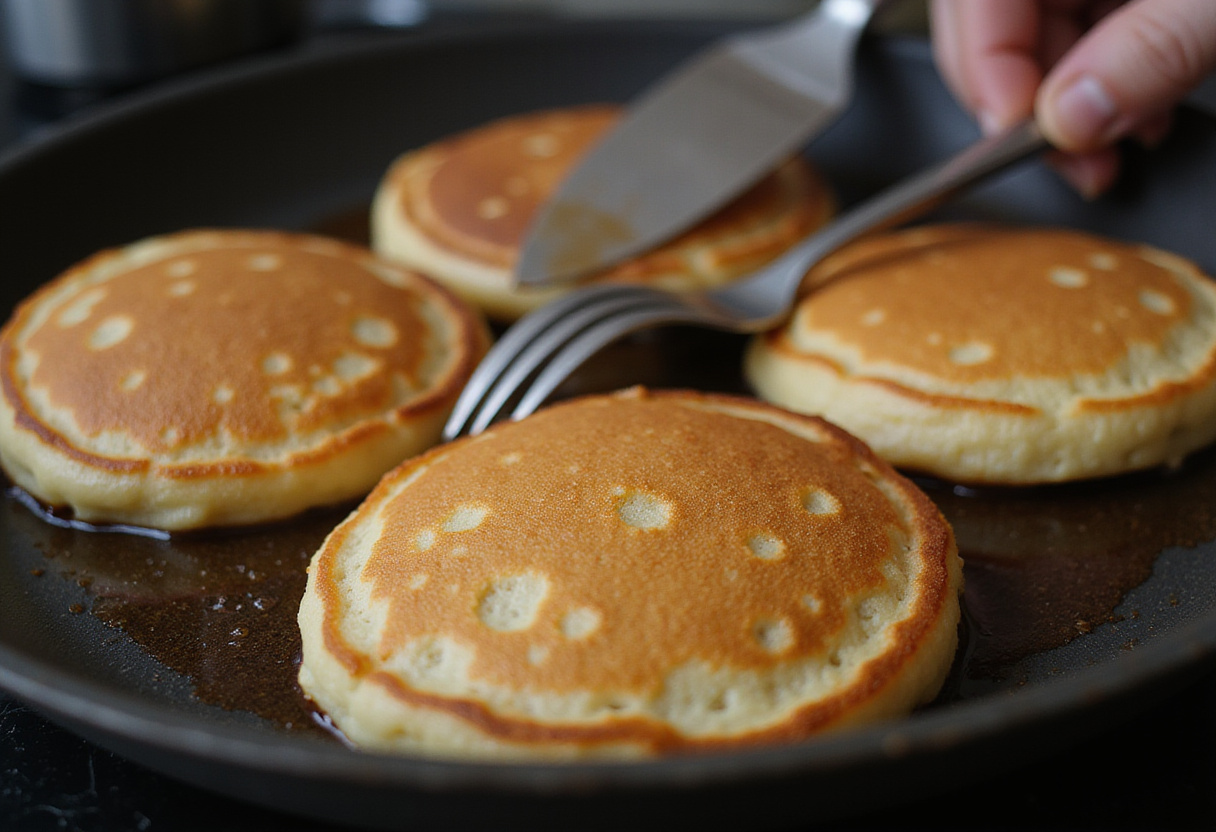 Cuisson des pancakes dans une poêle, montrant le processus de fabrication des pancakes maison faciles.