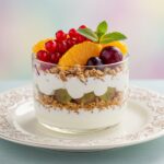 Finished parfait au yaourt grec showcasing layers of yogurt, granola, and fruits, perfect for a healthy dessert.