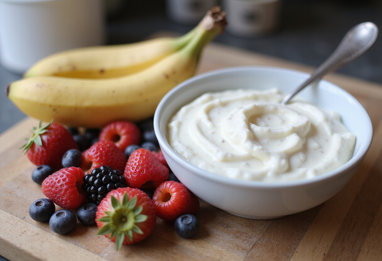 Bol de yaourt grec préparé pour une recette de parfait au yaourt grec avec des fruits frais.