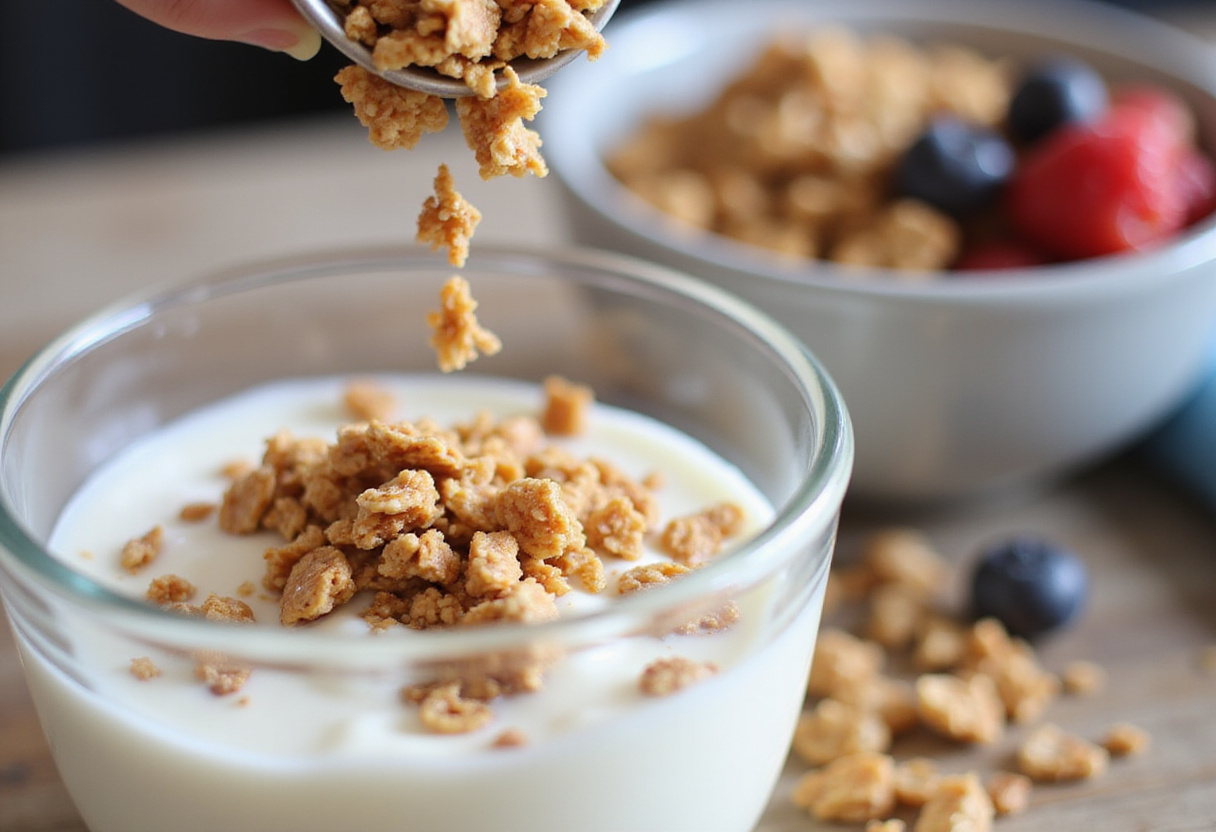 Granola ajouté au parfait de yaourt grec pour un dessert léger.