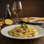 Finished pâtes au saumon, featuring creamy salmon sauce and garnishes, perfect for any meal.
