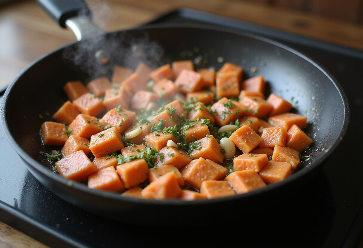 Diced salmon and herbs sautéing for pâtes au poisson in a frying pan.