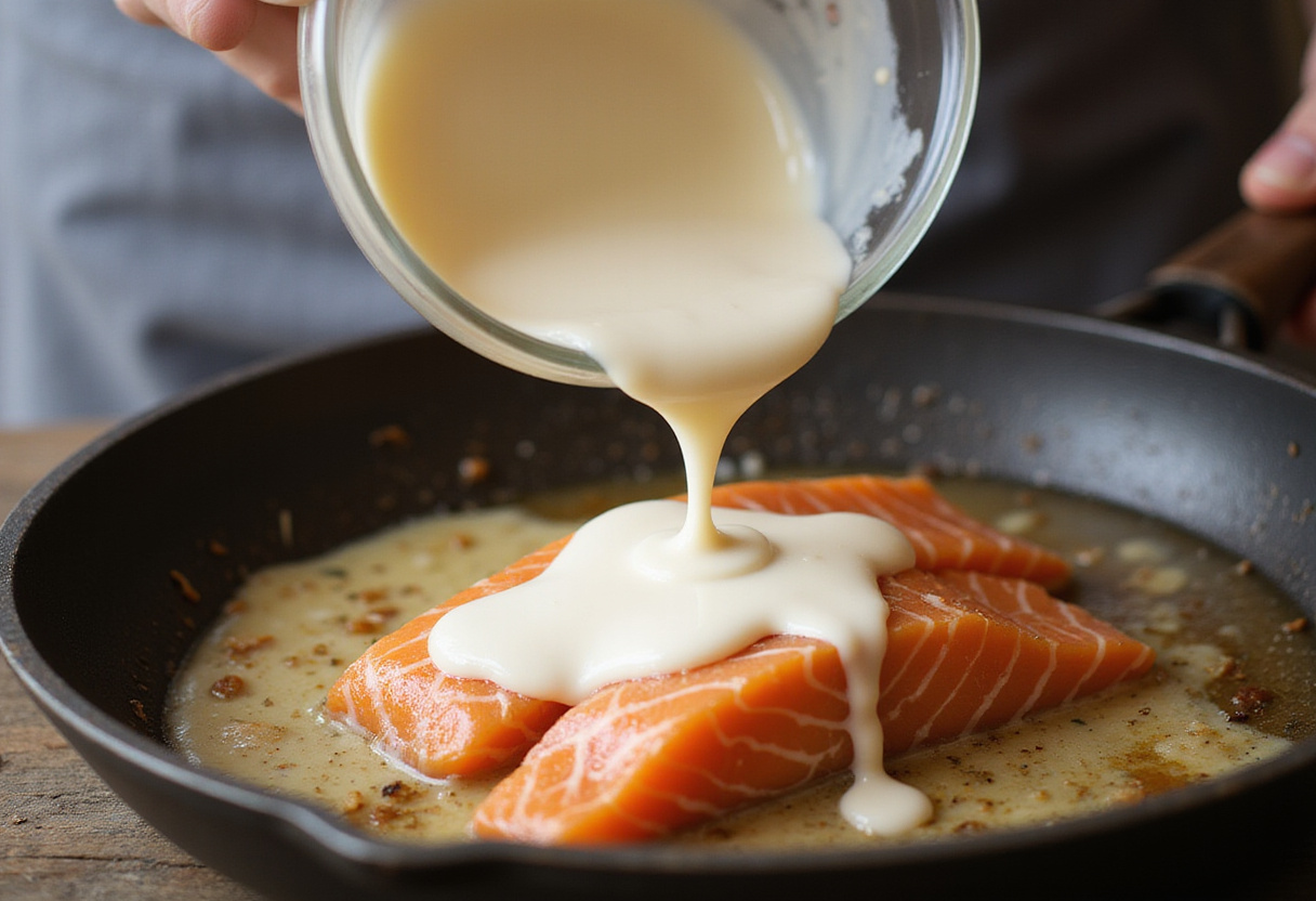 Cream being added to salmon in a frying pan for creamy pasta recipe.