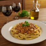 Plat de pâtes crémeuses au boeuf haché, idéal pour un repas savoureux.
