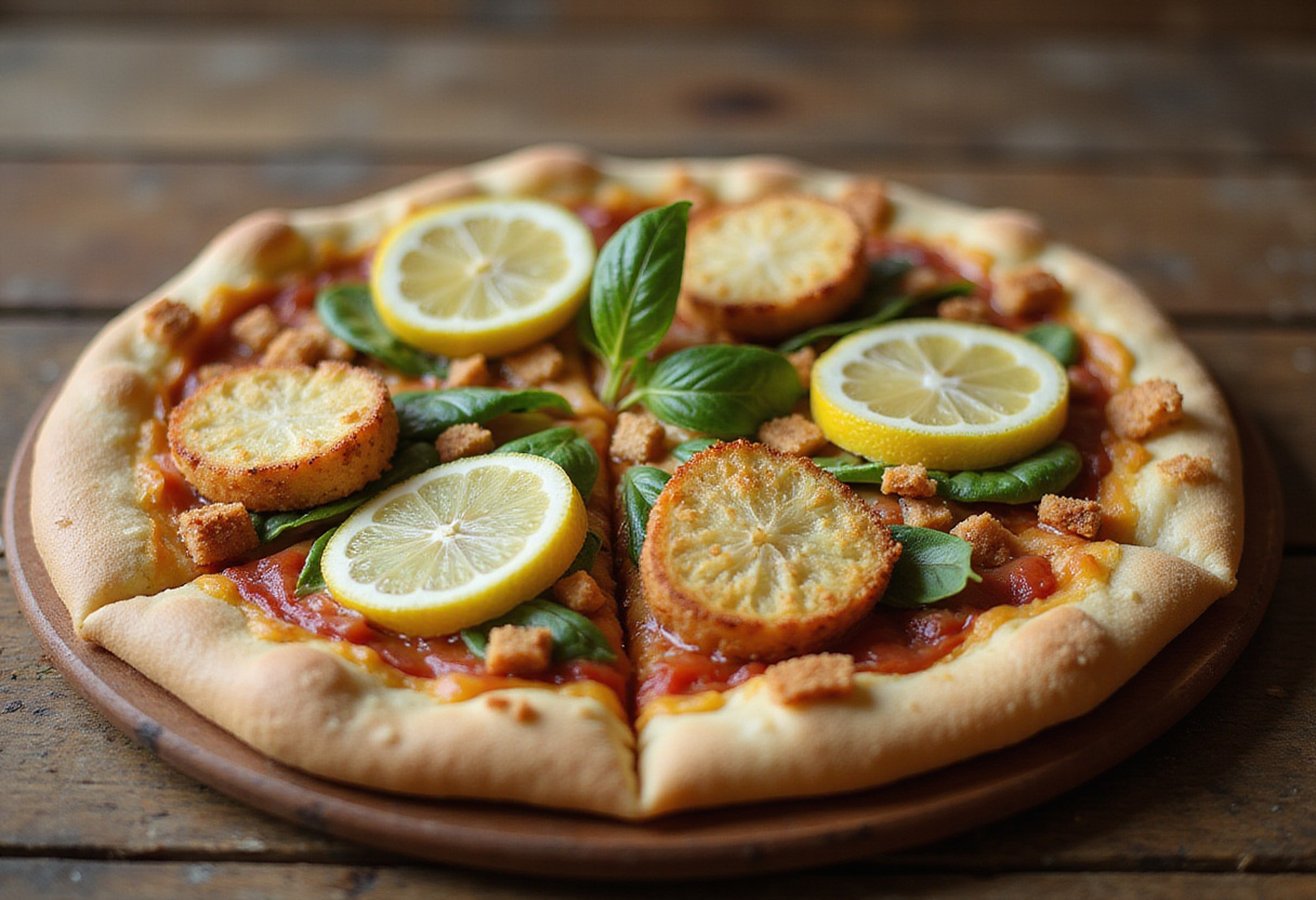 Pizza de salade césar finie sur une table en bois, parfaite pour partager.