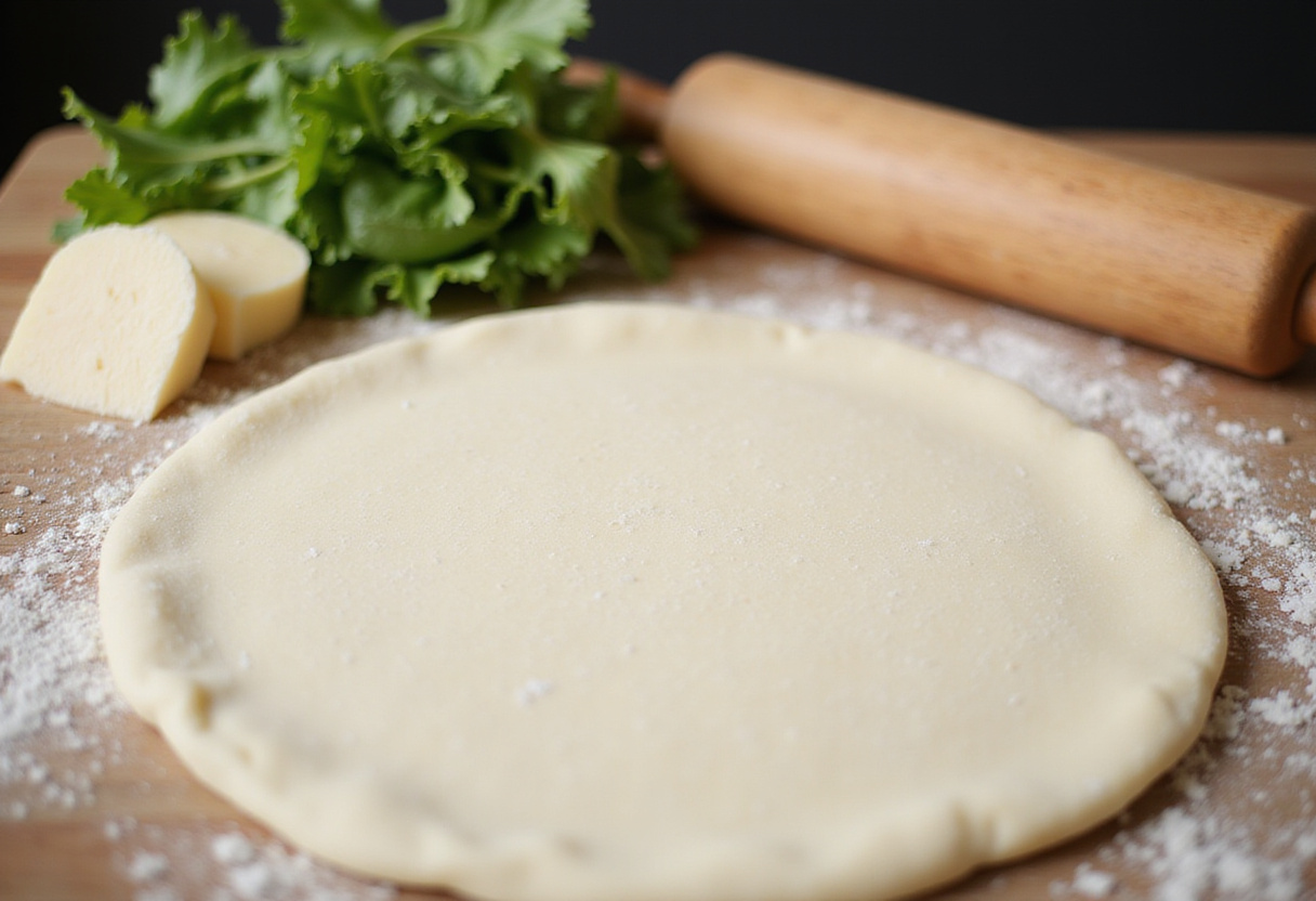 Pâte à pizza étalée pour faire la recette de pizza de salade césar.