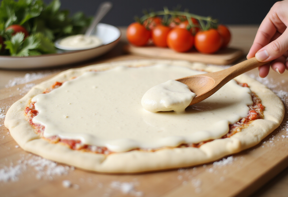 Vinaigrette César étalée sur la pâte à pizza pour la pizza de salade césar.