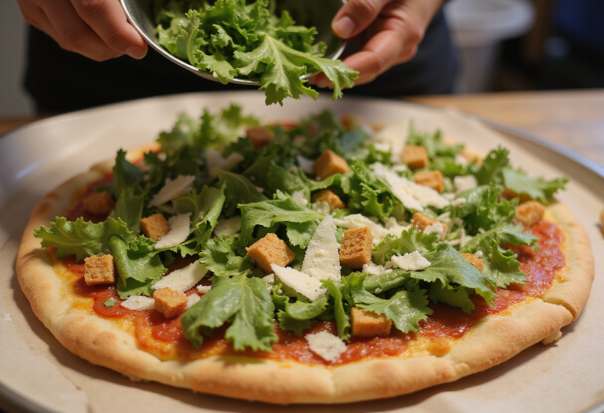 Laitue romaine hachée ajoutée sur le dessus de la pizza de salade césar pour une saveur fraîche.