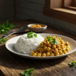 Finished vegan pois chiches au curry plated with rice, ideal for a delicious meal.