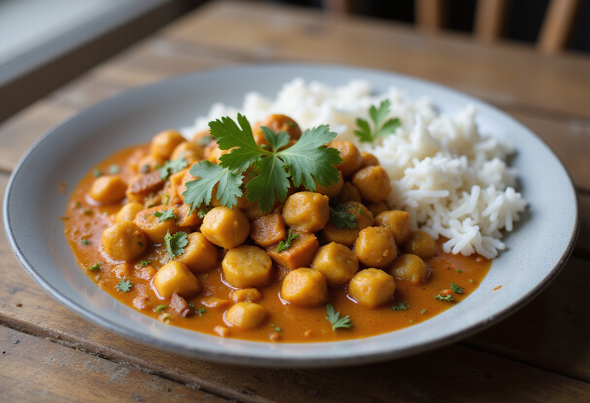 Finished vegan pois chiches au curry plated with rice, ideal for a delicious meal.