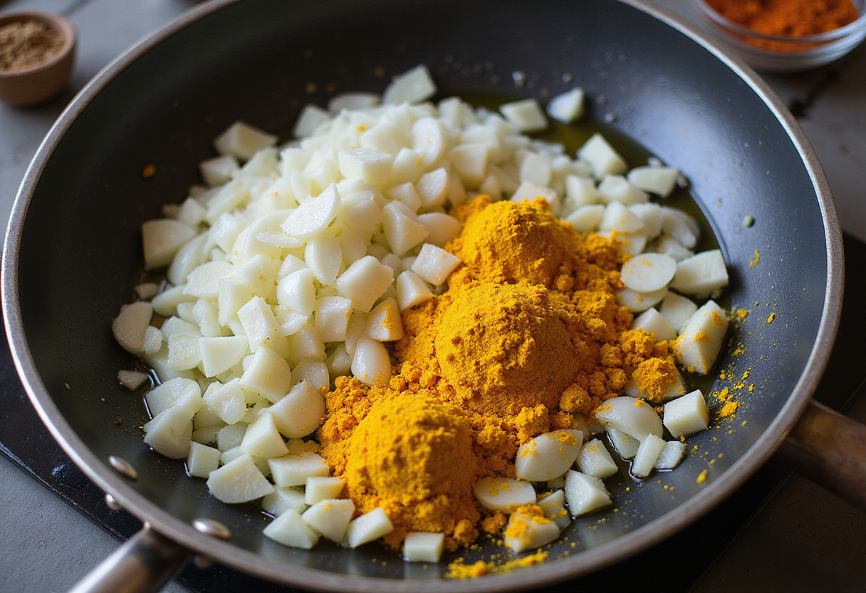 Diced onions and minced garlic sautéed with spices for a recette pois chiches au curry.
