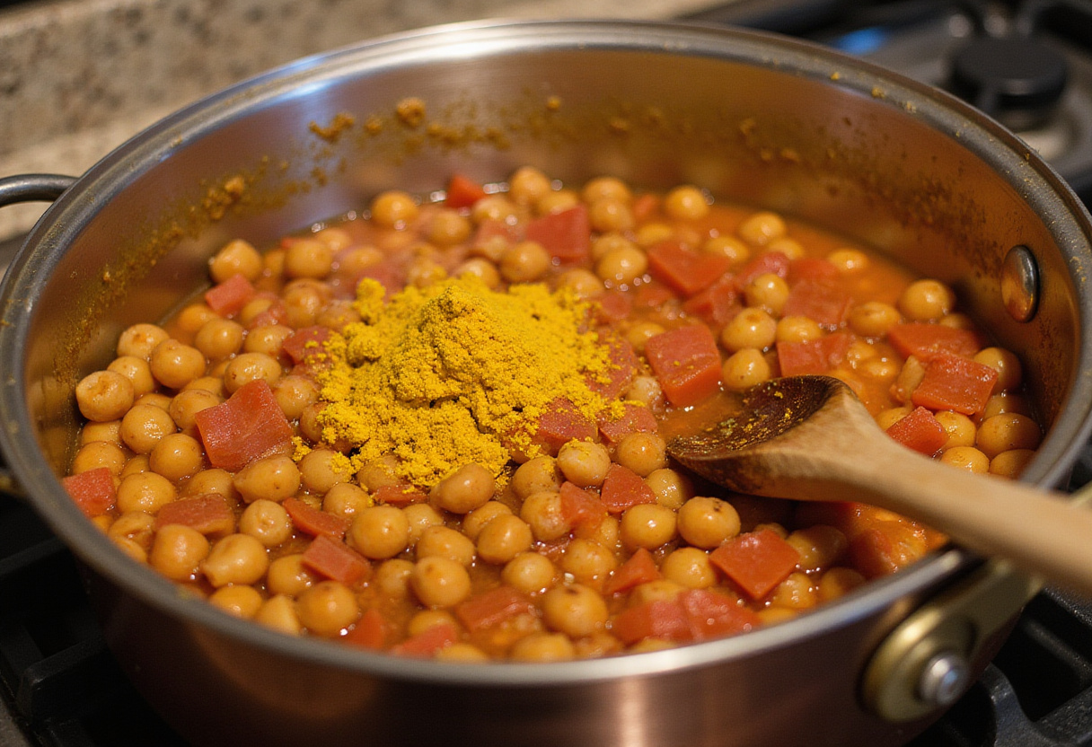 Chickpeas and tomatoes cooking with curry powder for a curry vegan dish.
